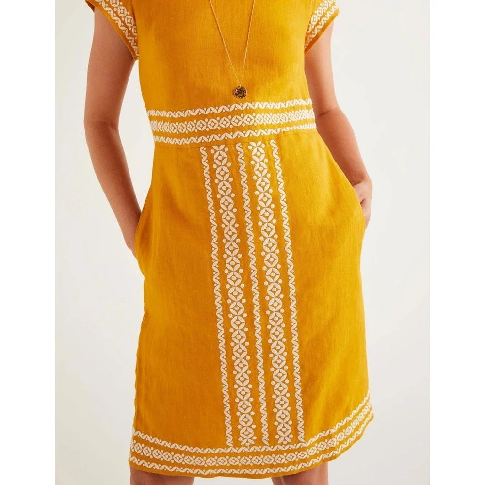 Boden Laura Linen Embroidered Mustard Yellow Linen Shift Dress US 8R